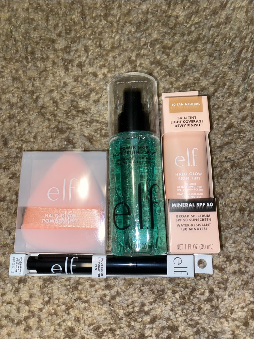 Lot 4 elf Halo Glow Skin Tint, Pout Clout, Power Grip Spray & Powder Puff